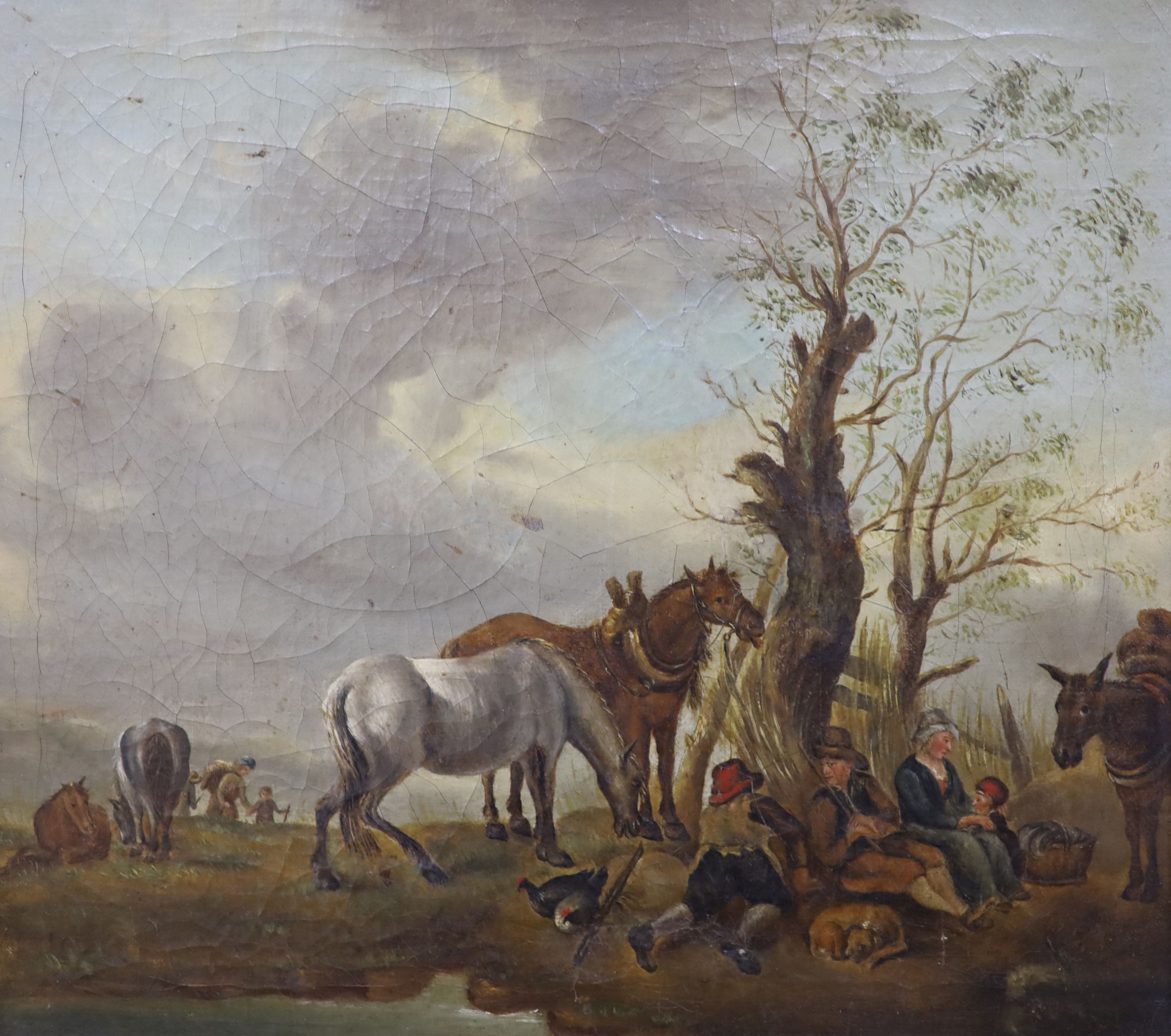 19th century Continental School, oil on canvas, Horses and travellers at rest, 32 x 35cm